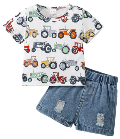 JENJON Conjunto Verano para Bebé Niño Pequeño Manga Corta Bordado de Elefante a Rayas Camiseta y Pantalones Cortos de Mezclilla 2 Piezas Primavera Ropa de Trajes blanco tractor 12-18 Meses