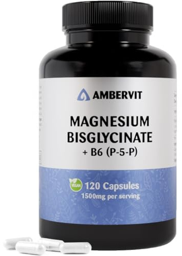 Magnesium Glycinate med Vitamin B6 P-5-P – 120 veganska kapslar – 1500 mg Bisglycinate, 300 mg elementärt Magnesium – högdoserad kelaterad formula – 40 dagars förbrukning – Made in EU