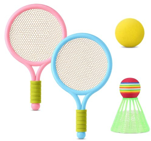Kids Tennis and Badminton Rackets Set – (1 pink racket + 1 blue racket) + 3 Balls + 3 Shuttlecocks