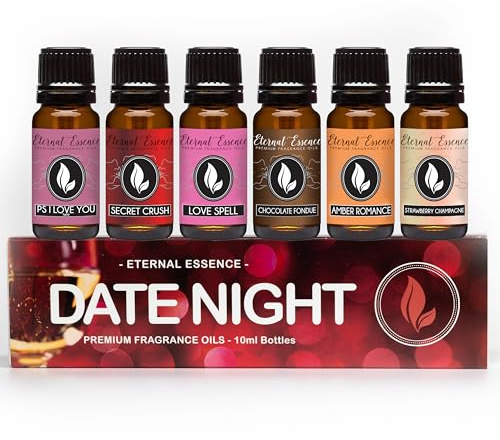 Eternal Essence Oils Date Night Set of 6 Premium Fragrance Oils - Includes PS I Love You, Amber Romance, Secret Crush, Chocolate Fondue, Strawberry Champagne, and Love Spell Scented Oils - 10ML