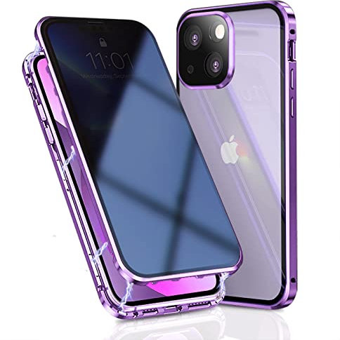 OMGZONE Privacy Case for iPhone 14 Magnetic Cover,Screen Protector built-in Anti-peep Tempered Glass Full Cover with Camera Protector,360 Degree Metal Bumper Case for iPhone 14,Purple