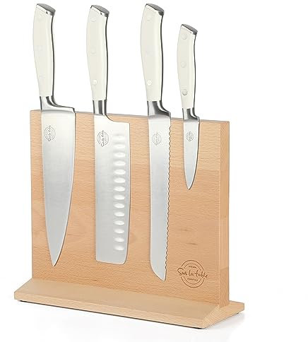 Sur La Table Kitchen Essentials 5 Piece German Steel Blade w/Triple Riveted Handle Set on Beechwood Magnetic Block - Linen White