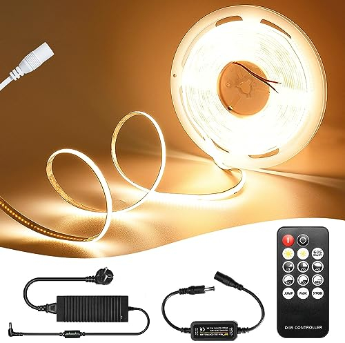 SUBOSI 10M COB Warmweiss LED Streifen Licht Strip Lichterkette 320LEDs/M 3200LEDs 24V Dimmbar Verformbar LED Licht mit Dimmer und Netzteil,LED Strip Warmweiss Band Lichtleiste Warmweiß