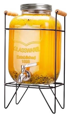 Hiziwimi 4L Glass Drinks Dispenser, Water Dispenser with Tap, Drink Dispenser with tap, Beverage Dispenser with Tap and Stand, Juice Dispenser with Iron Holder, for Pool Party & Family Gatherings