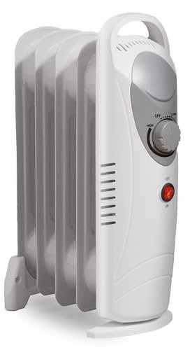 Daewoo Oil Filled Radiators, 650W, Mini, Ideal For Small Rooms, Adjustable Thermostat, Carry Handle, Power Indicator, 5 Fins, Portable And Compact, White