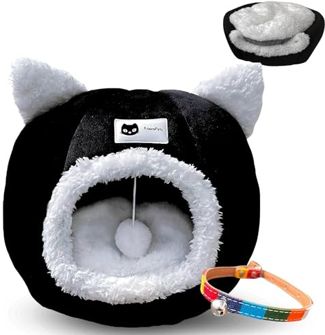 KawaiPets - Cama para Gatos y Perros Pequeños 2 en 1, Refugio Cueva Suave, Cama Lavable con Juguete y Collar - 40x40x40 cm - Color Negro