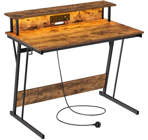 VASAGLE Gaming Desk with LED Lights and Built-In Power Outlets, Computer Desk with Monitor Shelf, Gaming Table for 2 Monitors, Office Desk, for Bedroom, 60 x 100 x 76 cm, Rustic Brown LWD291K01