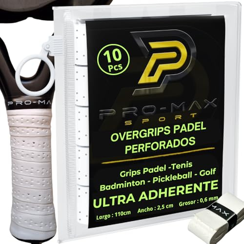 PRO-MAX SPORT Overgrips Padel Extra Adherente Perforados Blanco Pack 4/6/10/25/50 Alta Absorción Sudor Cinta Agarre Antideslizante Grip Padel Pro Sobregrip Raqueta Durabilidad Accesorios Padel (10)