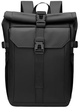 Rolltop Rucksack Wasserdicht für Damen & Herren, Rucksack mit Laptopfach, Wasserdicht Travelite Rucksack- Schwarz