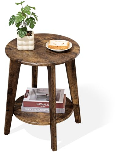 FEUFOAM Small Round Side Table Wooden End Table with Lower Shelf Modern Nightstand Bedside Tables for Small Spaces, Living Room, Bedroom Retro Brown