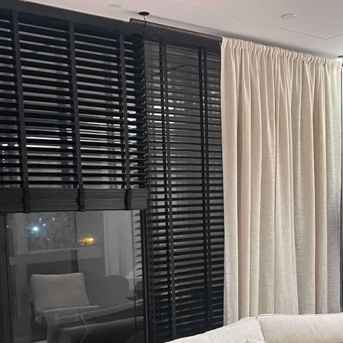 Tende Veneziane in Legno, 60cm 70cm 80cm 100cm 115cm 120cm 140cm 155cm, Veneziane da Interno Tende Veneziana Legno Lamelle da 25mm Privacy Protezione Solare Persiane per Casa Ufficio(Black)
