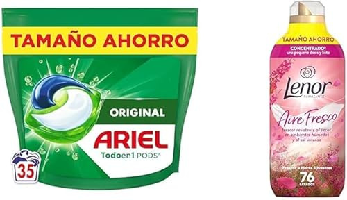 Ariel Todo En 1 PODS, Detergente Líquido Para Lavadora 35 Capsulas/Pastillas, Original, 5 Acciones + Lenor Aire Fresco Suavizante Para Ropa Frescor A Flores Silvestres 76 Lavados, 1.064L