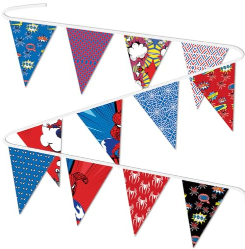 Superhero Spider Web Pennant Banner, Pre-Strung Red Spider Theme Birthday Party Decorations, Cartoon Movie Hanging Triangle Flags for Kids Boys Baby Shower Party Supplies