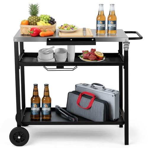 LEADZM Dessertes de Jardin, Chariot de Barbecue Mobile à 3 Niveaux, 97 x 51 x 83 cm, Établi en Acier Inoxydable argenté - desserte Exterieur, Panier avec Filet, Noir