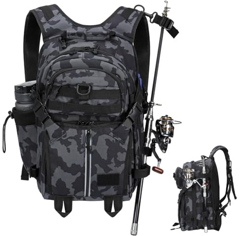 40L Fishing Tackle Backpack with Rod Holder, Multi-Pocket Fishing Bag Water Resistant Fishing Gear Bag Military Tactical Backpack Multifunctional Tackle Storage Bags for Hiking Camping Outdoor (A)