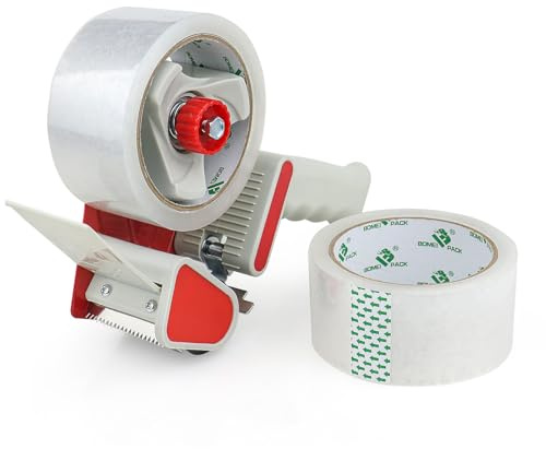 BOMEI PACK 2 piezas de 48mmx50m Cinta de embalaje con dispensador de embalaje para envasar paquetes, Transparente cinta de transporte y embalaje 48 mm x 50 m
