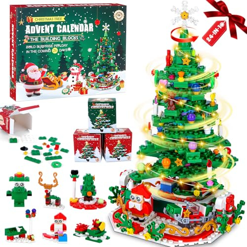 YOOHBERRYS Calendario Adviento 2025, 701 Bloques de Construcción de Árbol de Navidad Giratorio, Calendario Adviento Juguetes 24 en 1 con LED, Decoración de Navidad Regalo para Niños y Adultos