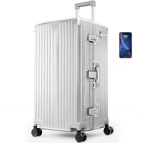 ALPHA CAMP Koffer XL Aluminium Rahmen & Polycarbonat Hartschale mit TSA Schloss Koffer Groß Silber Reisekoffer mit 4 Rollen 40x36x77cm Reisekoffer Suitcase Large 92L Handgepäck Luggage für Reise