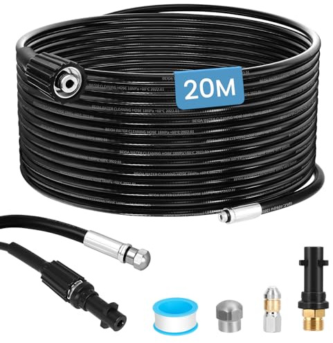 Tuyau Déboucheur Canalisation pour Nettoyeur Haute Pression 20m, 400 Bar/5800 PSI, avec Buses à Jet et Rotative,Compatible avec Karcher K2 K3 K4 K5 K6 K7 Lavor Bosch pour débouchage des tuyaux