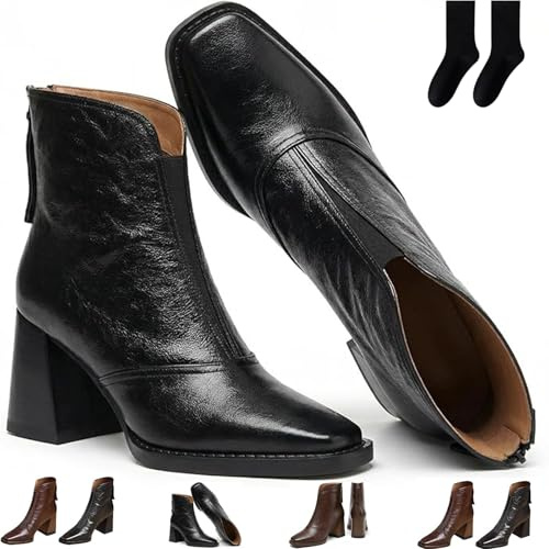 Botines de tacón grueso con punta cuadrada para mujer, botines cortos de tacón de bloque retro, cómodas botas de vestir de cuero con cremallera trasera, Black, 43 EU