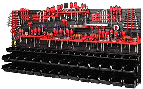 PAFEN Werkstattregal Wandregal | 1728 x 780 mm | Lagersystem mit Werkzeughalterungen und Stapelboxen - Wandplatten Extra Starke Werkstattregal Schüttenregal (Schwarz)