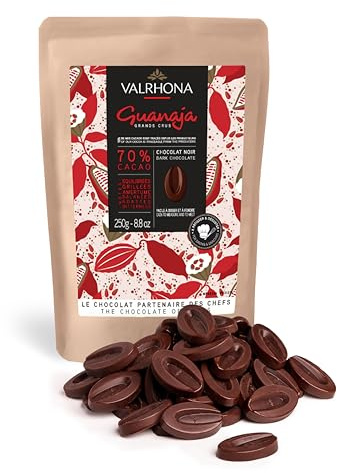 Valrhona Premium French Baking Dark Chocolate Discs (Feves). Classic GUANAJA 70% Cacao. Easy Melt. Easy to chop. Intense & Smooth with Bitter Notes. Sauces, Cakes, Mousses, Frostings 250g (Pack of 1)