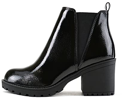 Soda ORIGAMI ~ WOMEN LUG SOLE MID HEEL FASHION ANKLE BOOTIE W/DOUBLE ELASTIC GORE (8.5, Black Crk Patent, numeric_8_point_5)