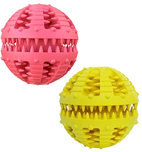 MMSGA Palla per Cani con Funzione di Cura Dentale,Gatto Cane IQ Tratta, Gomma Naturale Palla Giocattolo (Rosso+Giallo, 8cm)