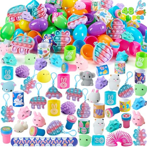 JOYIN 48 huevos de Pascua prellenados con diferentes huevos de Pascua de plástico, juguetes para aliviar el estrés para llenar cestas de Pascua, regalos de fiesta de Pascua, búsqueda de huevos de