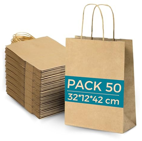 Lot 50 Sacs Papier Kraft Marron avec Anses 32x12x42cm - Sac pour Shopping Cadeaux Mariages