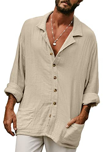 YAOHUOLE Men's Casual Cotton Linen Shirt Button Down Long Sleeve Solid Color Hawaiian Summer Beach Shirt