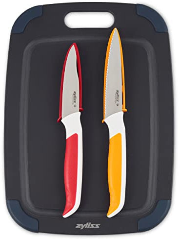 Zyliss E910067 Cutting Board Knife Set, Board Made from Recycled Wood Fibre 30cm x 21.5cm, Includes Paring Knife and Serrated Paring Knife for Chopping Vegetables/Fruit, Dishwasher Safe