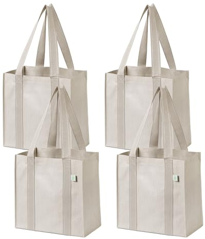 VENO 4 Pack Reusable Grocery Bags Shopping Bags, Medium Tote Bag w/Handle & Hard Bottom, Heavy Duty, Foldable Bag Carrier - Beige
