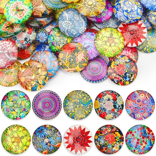Nenull 45 STK Muggelsteine Bunt Groß 25mm Glasnuggets Glassteine Mosaiksteine zum Basteln Glückssteine Edelsteine Glasbausteine Dekosteine Schmucksteine Cabochons für DIY Anhänger (Blumenserie)