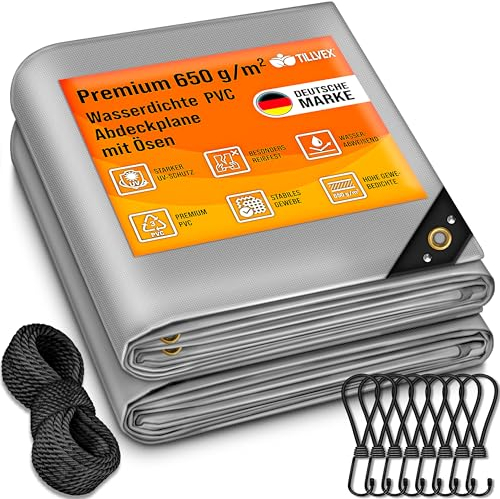 tillvex® Abdeckplane mit Ösen + 10x Spanngummi & 15m Seil | Gewebeplane 650g/m² Wasserdicht & Reißfest | Premium PVC-Plane Universell LKW, Pool, Holz Gartenmöbel | Gartenplane Abdeckung (Grau, 3x5 m)