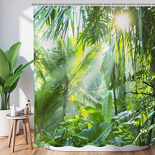 Hnmdmyi Duschvorhang Wald 120x200, Tropischer Dschungel Regenwald Grüne Palmen Baum Pflanze Natur Landschaft Szenerie Badewanne Vorhang Wasserdicht Polyester Stoff Waschbar Badevorhang mit Haken
