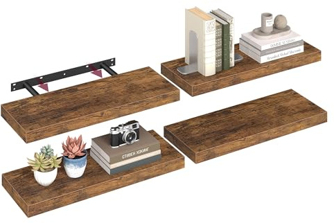 VASAGLE Wandregal, 4er Set, Schweberegal, Regalbrett, 20 x 60 x 3,8 cm, Wandboard für Bilderrahmen, Deko, Regal für Wohnzimmer, Arbeitszimmer, Küche, vintagebraun LWS075B01