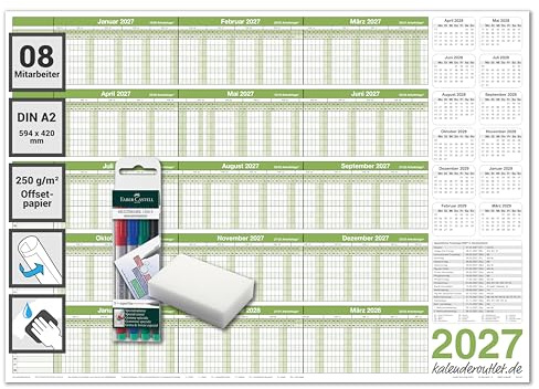 Kalenderoutlet Personalplaner 2027 DIN A2 Urlaubsplaner 2027 Jahresplaner feucht abwischbar 59,4x42 cm für bis zu 8 Mitarbeiter inkl 4 non permanent Marker Wandplaner Büro Teamplaner gerollt geliefert