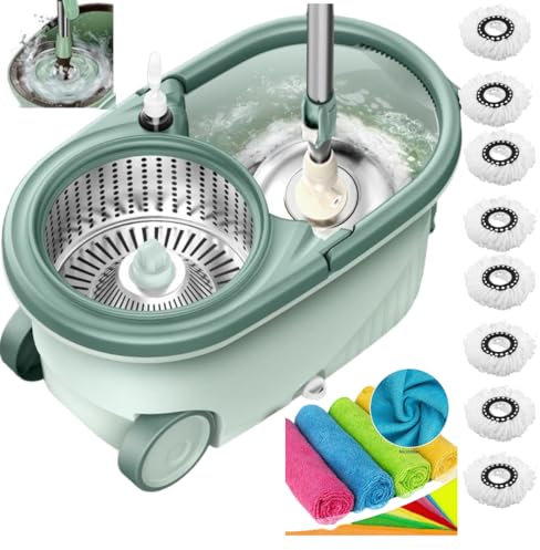 SWISSPACK Ultimate Heavy Duty Spin Mop and Buckets Sets, Microfibre Flat Mop Bucket, Telescopic Handle & 8 Reusable Pads for Hardwood Laminate Tile Floors - Microfibre Cloths Included (COMBO X 8)