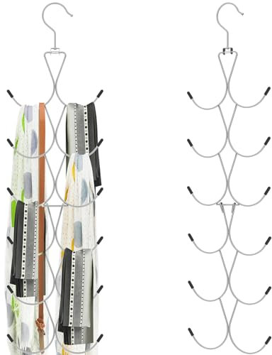 2 Pcs Scarf Hanger with 12 Hooks Metal Hanging Organiser Storage Belt Ties Scarves 360°rotating Scarf Rack Space Savers Closet Scarfs Holder Foldable Purse Hanger for Wardrobe Shawl Hijab (Silver)