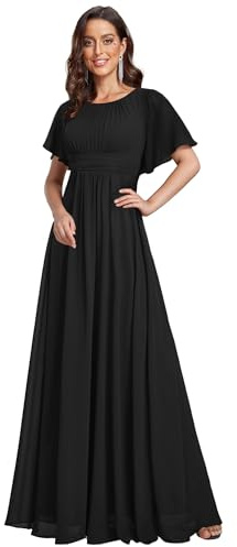 Ever-Pretty Abito Cerimonia Donna Eleganti Lungo a Maniche Corta Abito Damigella d'Onore in Chiffon Vestito Donna Elegante Nero 42
