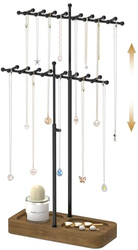 MODOWEY Necklace Holder Organizer Stand with 36 Hooks, Tall Display Tree Rack for Women Men Jewelry Storage, Adjustable 2 Tier Metal Hanger Wood Tray for Vendor, Large Capacity for Dresser Small Space