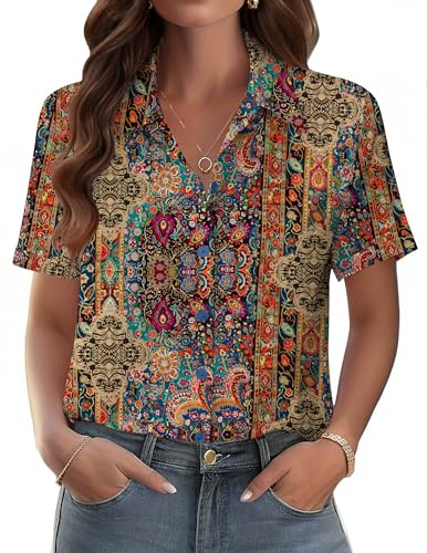 Zeagoo Button Down Blouses for Women Dressy Floral Printed Short Sleeve Shirts Business Casual Work Tops Medium