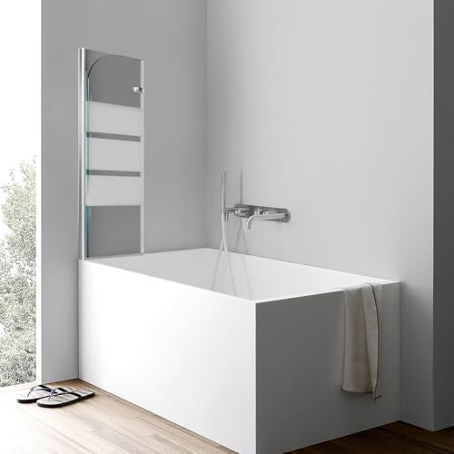 Jaxguom Paroi de douche pour baignoire, 100 x 140 cm, pliable, en 2 parties, avec verre de sécurité ESG de 6 mm, bandes blanches, paroi de baignoire en verre avec embout de baignoire