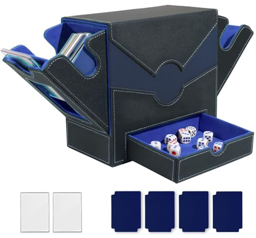 Matlarn Boîte Rangement Carte, Boite à Cartes pour de 500+ Cartes, Magnétique Cuir Card Box Avec 4 Séparateurs Colorés et 2 Toploaders, MTG Commander Deck Boxs pour TCG CCG Yugioh, Noir Bleu