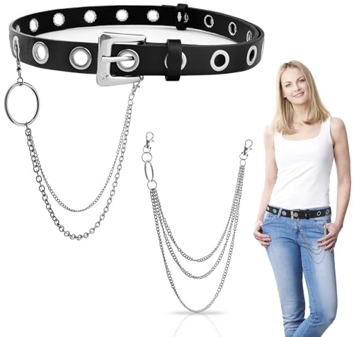GZjiyu Cinturón de piel con remaches para mujer y metal,105 cm, color negro