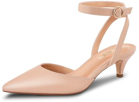 PIZZ ANNU Kitten Heel Shoes for Women Low Heel Pointed Toe Court Shoes for Women Ankle Strap Wedding Shoes for Bride Size 4 Nude