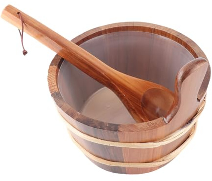Jwthee Set Secchio e Mestolo per Sauna, Realizzato a Mano in Legno di Cedro Set di Accessori per Sauna Bagno Turco a Prova di Perdite in Legno con Rivestimento in Plastica per Piscina
