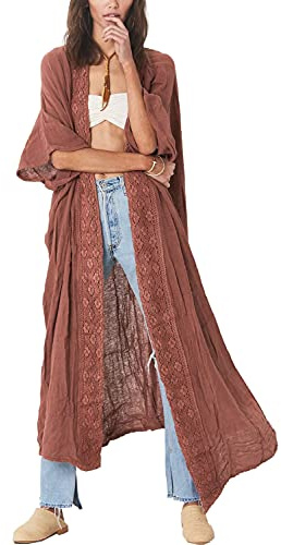 L-Peach Vestido Largo de Playa Pareo Kimono Maxi Kaftan Bikini Cover Up para Mujer