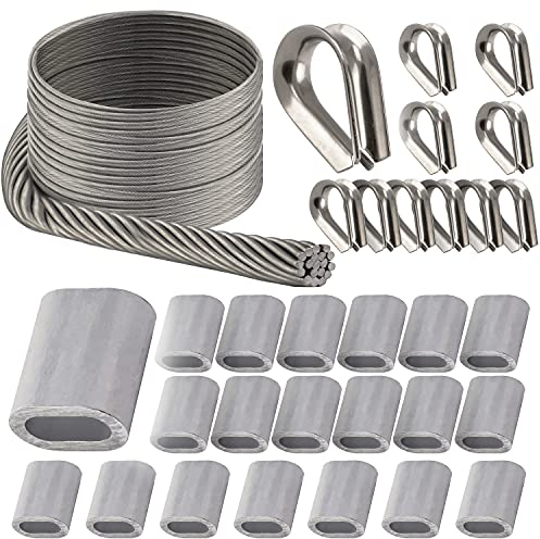 OPIOL QUALITY® 30m Drahtseil Hart 1x19 4mm, 20x Pressklemme Aluminium 4mm, 10x Kausche 4mm ähnl. DIN 6899 Edelstahl A4 Set Drahtseil Seil Kabel Seilklemme Seil Kasuchen Klemme Rankhilfe Sonnensegel